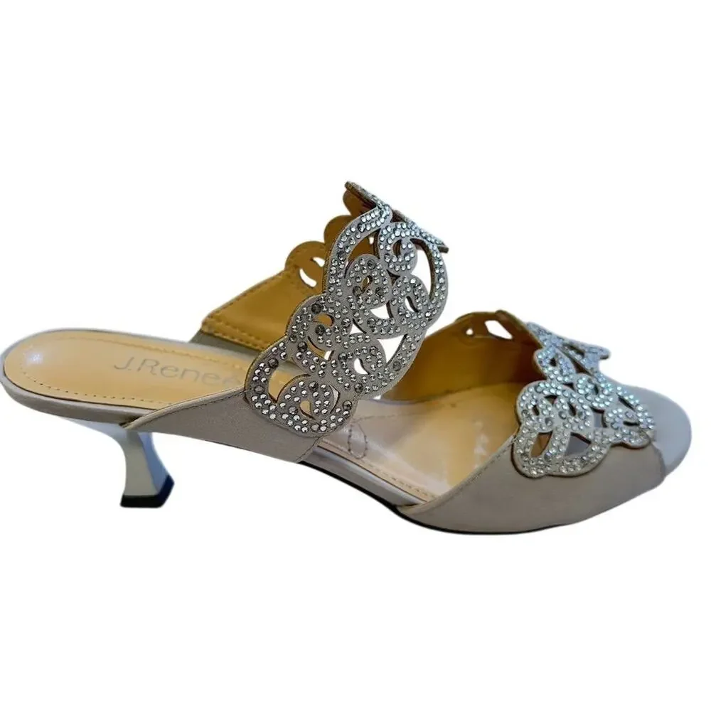 J Renee Francie Silver Low Heel‎ Sandals 9W Rhinestone Embellished - Picture 5 of 9